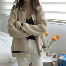 Load image into Gallery viewer, Knitted Cardigans Casual Sweater Turn Down Collar Patchwork Tops Striped Pockets Jumper Lady Sweaters Autumn Ropa Invierno Mujer