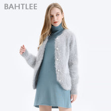 Load image into Gallery viewer, BAHTLEE Women Angora Short Cardigans Sweater Autumn Winter Wool Knitted Coat Jumper Long Sleeves O-Neck Pearl buckle
