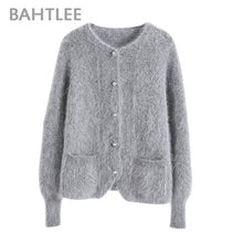 Load image into Gallery viewer, BAHTLEE Women Angora Short Cardigans Sweater Autumn Winter Wool Knitted Coat Jumper Long Sleeves O-Neck Pearl buckle